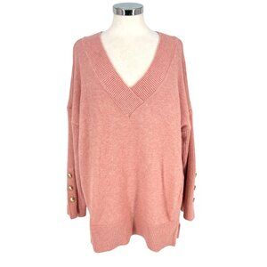 River Island V-Neck Oversized Sweater Gold Button Sleeve Accents Pink Size Large